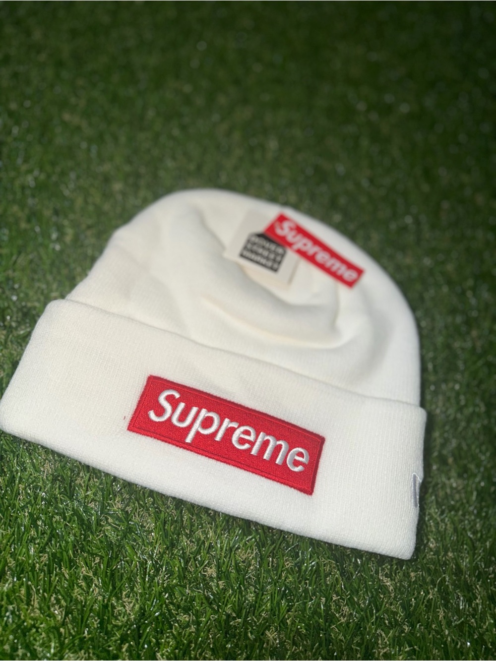 Supreme Kids Cream Beanie with Red Box Logo Patch